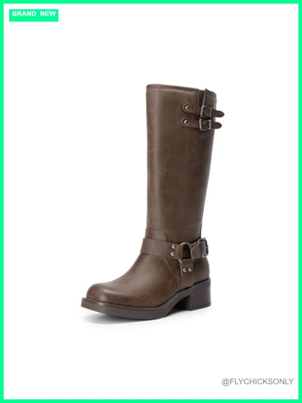 Women's Moto Knee High Boots Square Toe Faux Leather Block Heel
